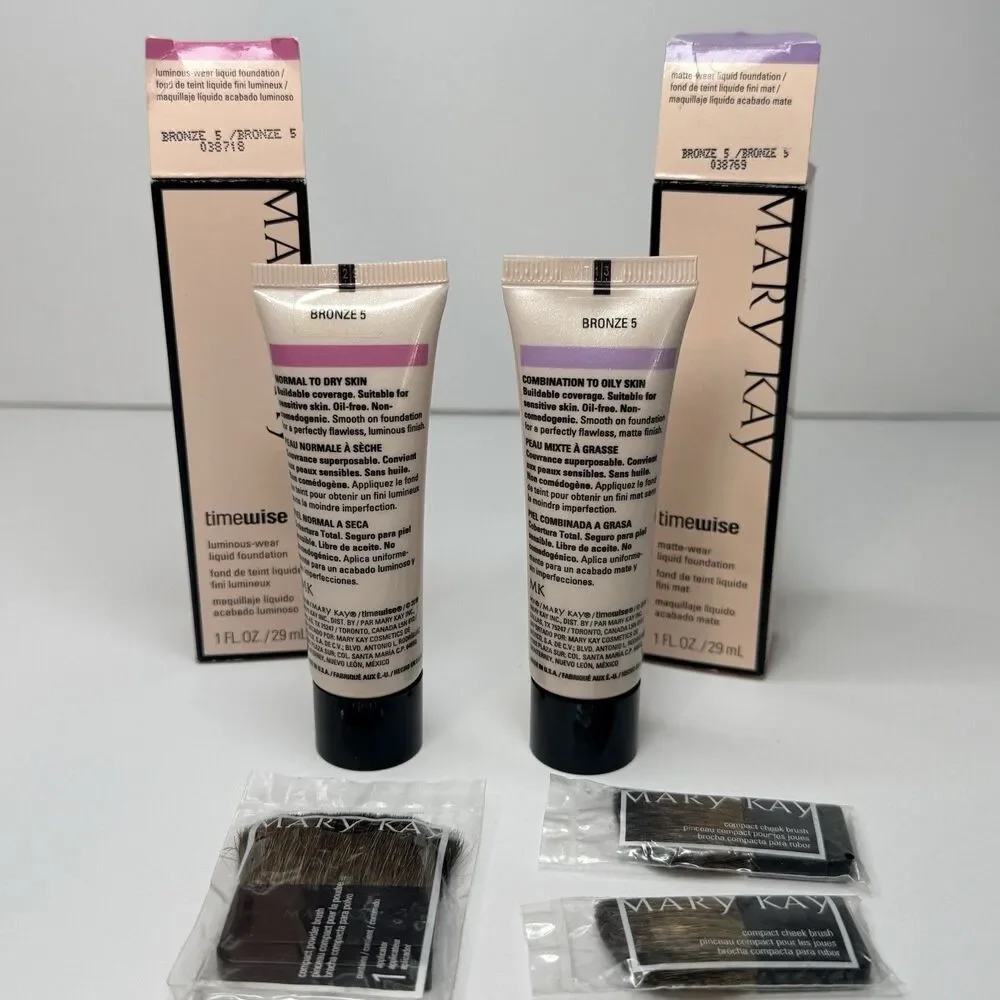 Mary Kay Bronze 5 Luminous 038718 & Matte Foundation 038769 Lot + 3 MK Brushes